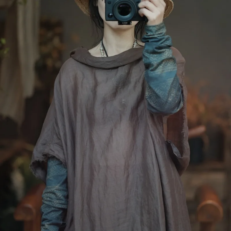 2025 New Arrival Summer Women Casual Loose Good Quality Vintage Cotton Linen Mid-calf Dress O Neck Batwing Sleeve Dresses Y289