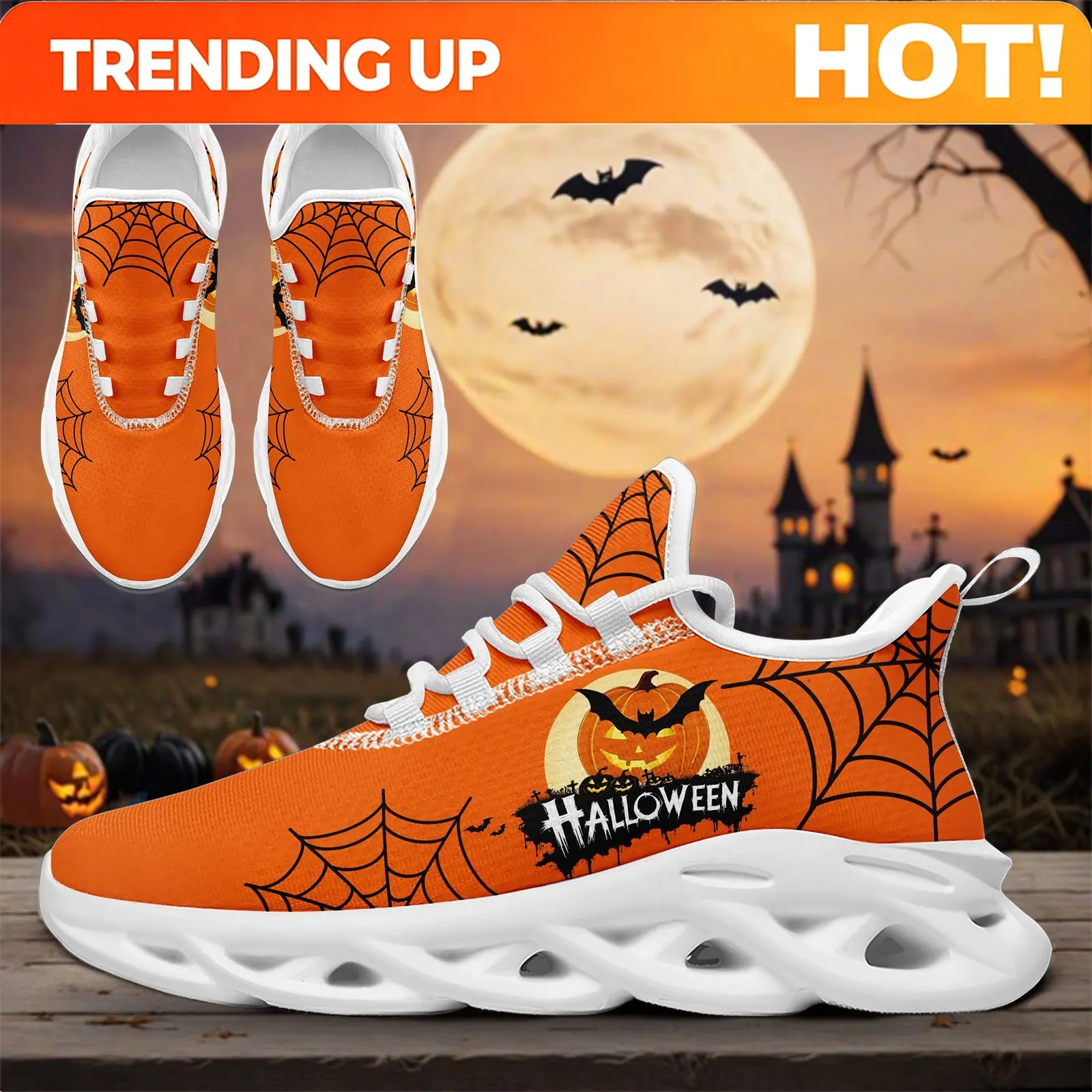 Customization Women's Halloween Pumpkin & Spider Web Design Casual Sneakers, Trick Or Treat Casual Shoes, Unique Sports Shoes
