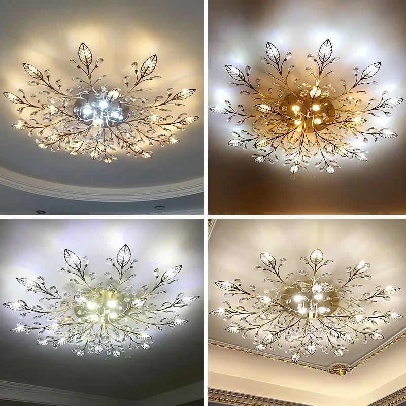 Moderno cristal LED lâmpada do teto, sala de estar, quarto, preto, folhas douradas, Nordic luminárias, G4