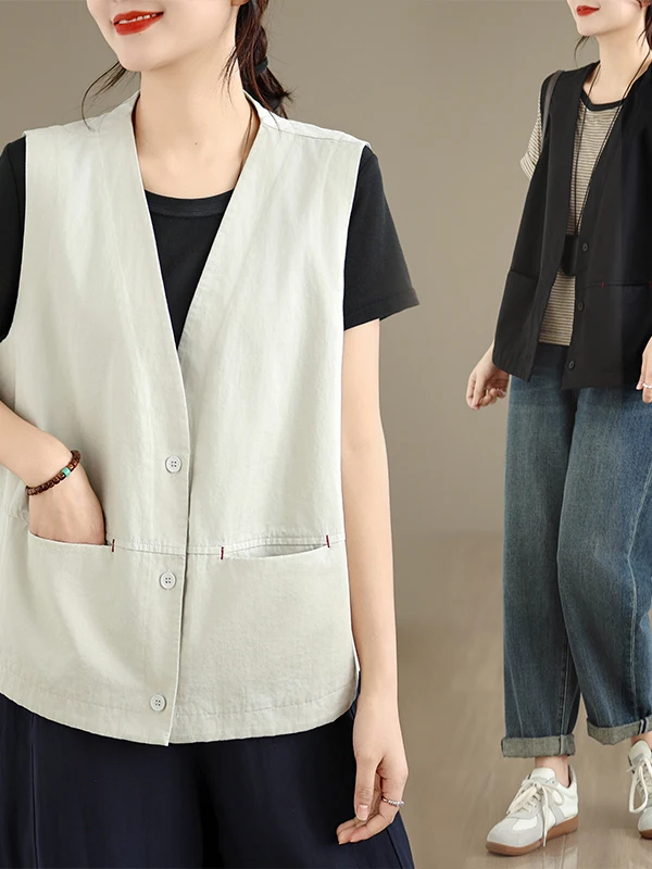 

Retro Japanese Cotton Linen V-neck Women's Vest Summer Breathable Slimming Casual Sleeveless Shoulder Pad Trendy Top