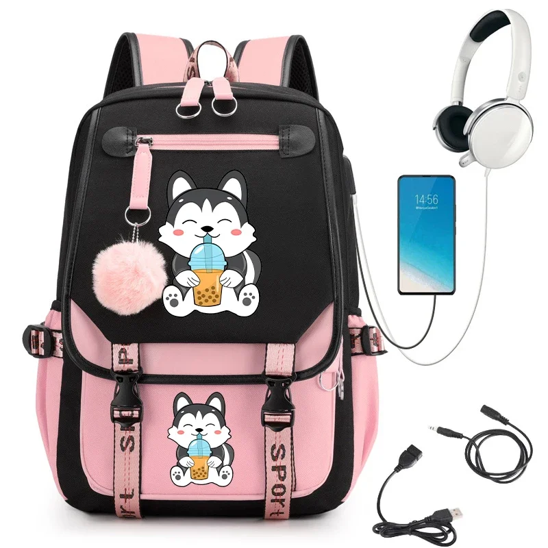 Trend Teenager School Backpack Chibi Kawaii Husky School Student Schoolbag Anime Cartoon Bagpack Usb Charging Teens Bookbag