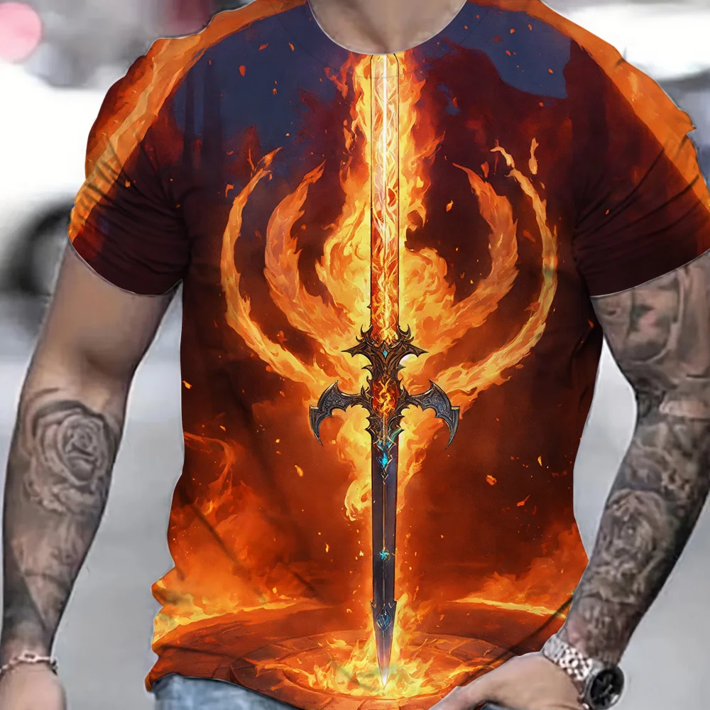 

2024 Fashion Men's Short Sleeve Clothing Streetwear Flame Sword Graphic Print T-Shirt Summer Outdoor Breathable O-neck T-Shirts