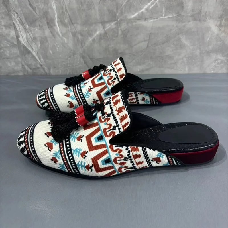 Italy Fashion Summer Canvas Shoes Printed Shoes Men Tassel Loafers Luxury Slip On Flats Casual Shoes Mens Mule Slippers