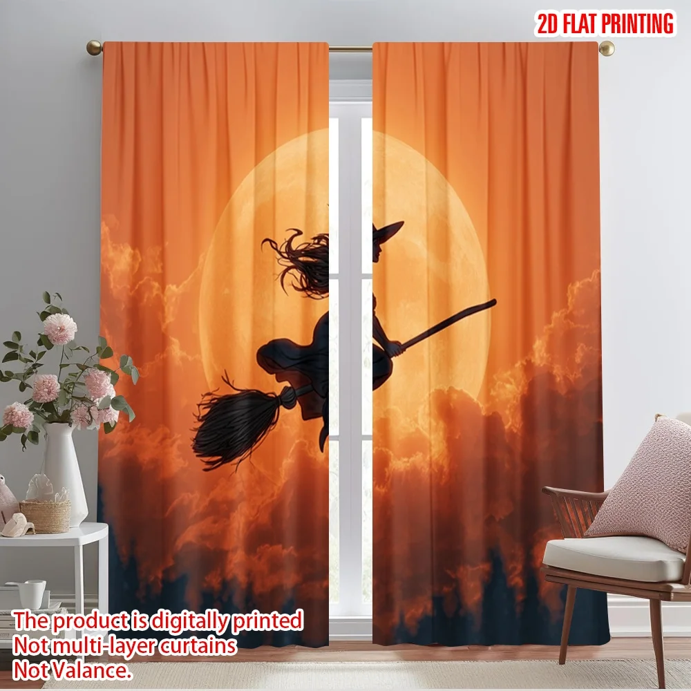 2pcs,2D plane printing Curtain Fabric Halloween Witch Flying on Broomstick Versatile Fabric (without rod) Decorations Inside Use