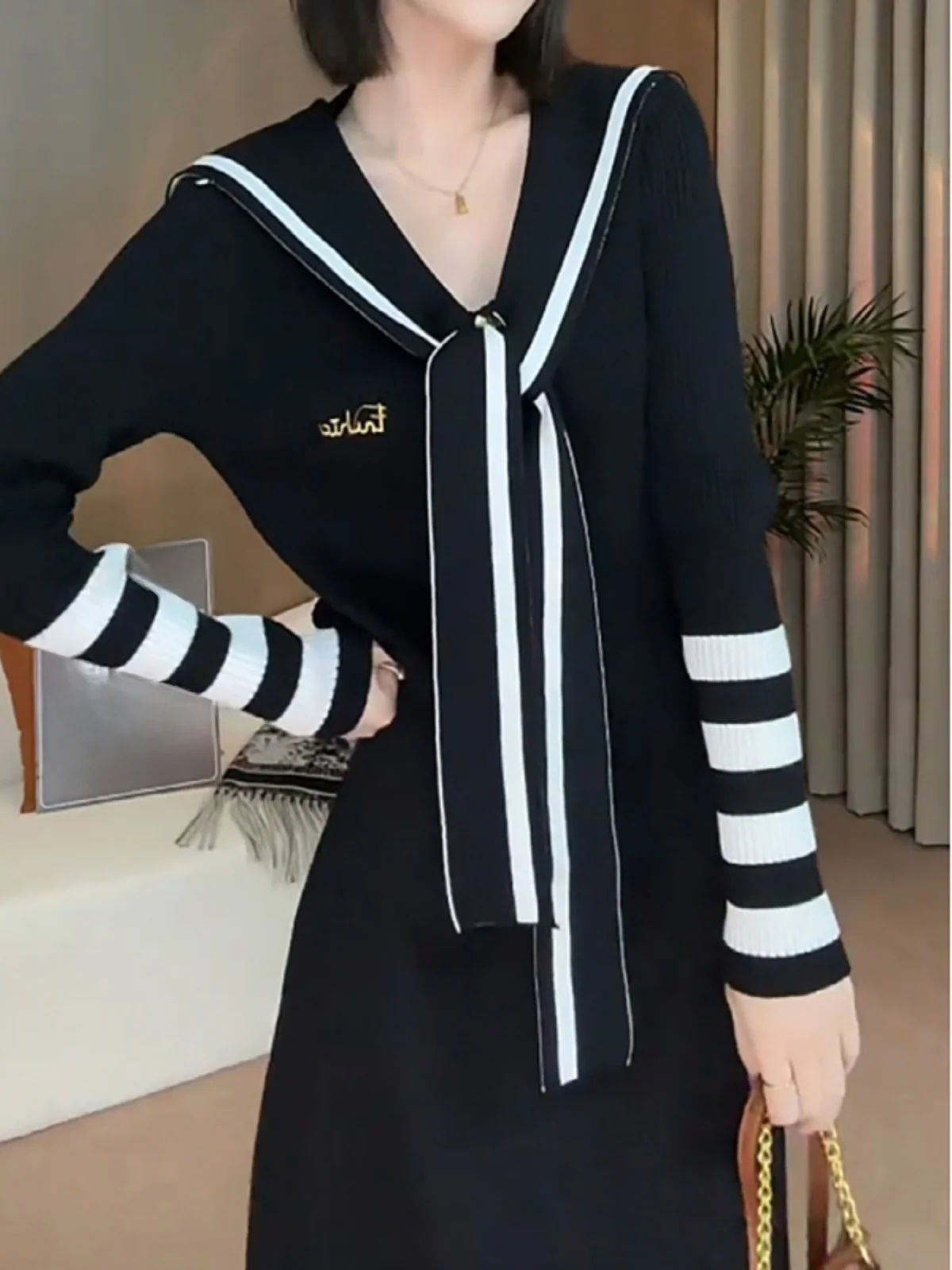 Cseta ajustada de punto de manga larga con cuello azul marino para mujer, Top a rayas que cubre el vientre, talla ande, ...