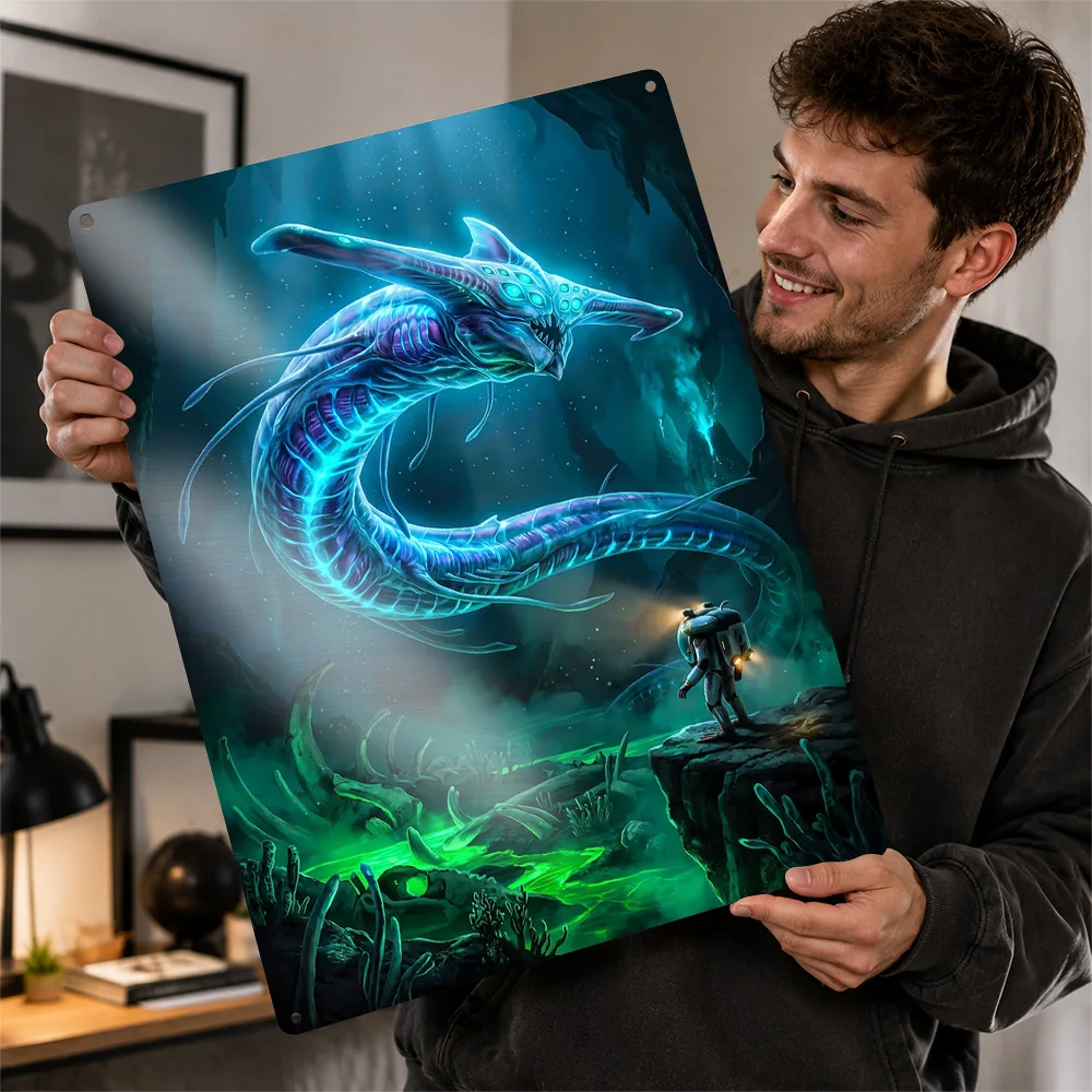Subnautica Reaper Leviathan Encounter Aluminum Poster Illustrated Wall Art For Gaming Room Customized Metal Sign Birthday Gift
