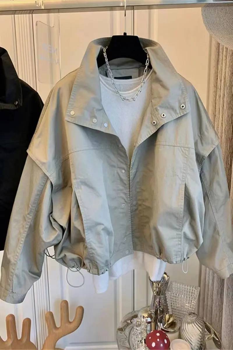 

Новый женский укороченный тренчкот 2026 года с воротником-стойкой, однотонный, повседневный, свободного кроя, с рукавами «летучая мышь», верхняя одежда для весны и осени