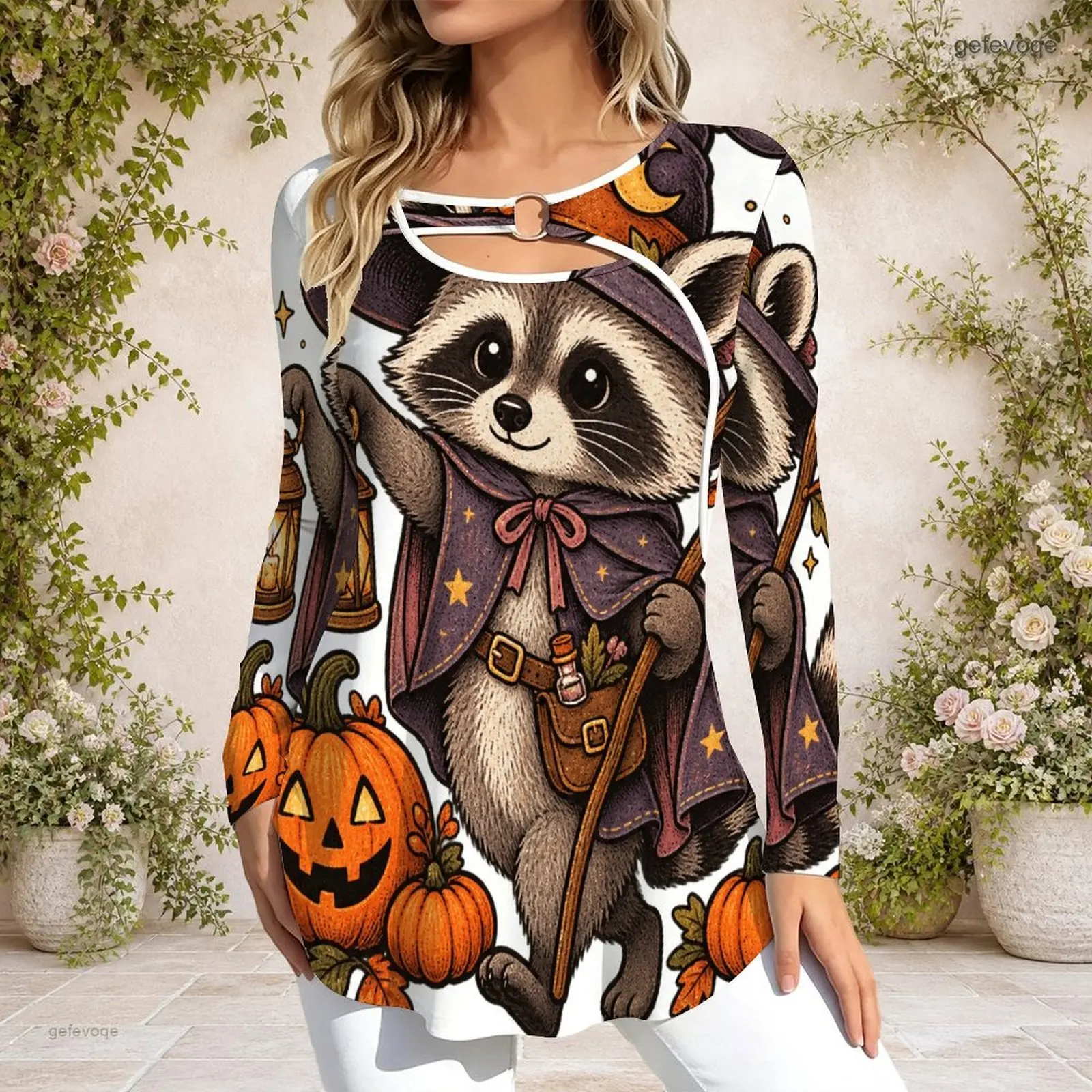 Women Keyhole Ring Neck Long Sleeve Flared Hem Printed Top