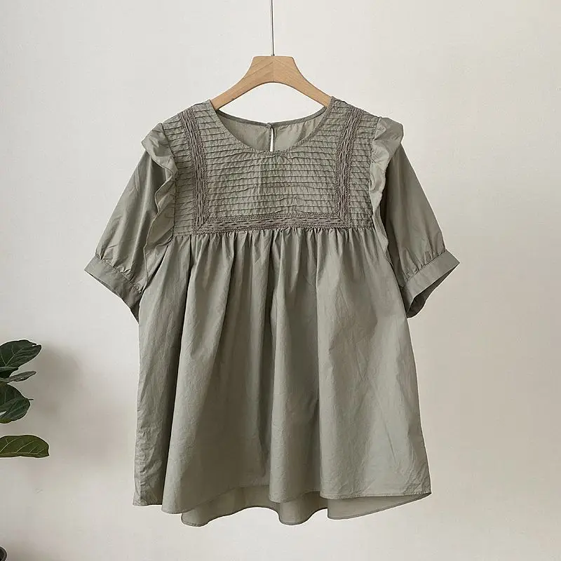 Pleated Ruffles Loose Vintage Shirt Tops Women Clothing Summer Street Casual Solid Short Sleeve Fashion Blouse Harajuku Office