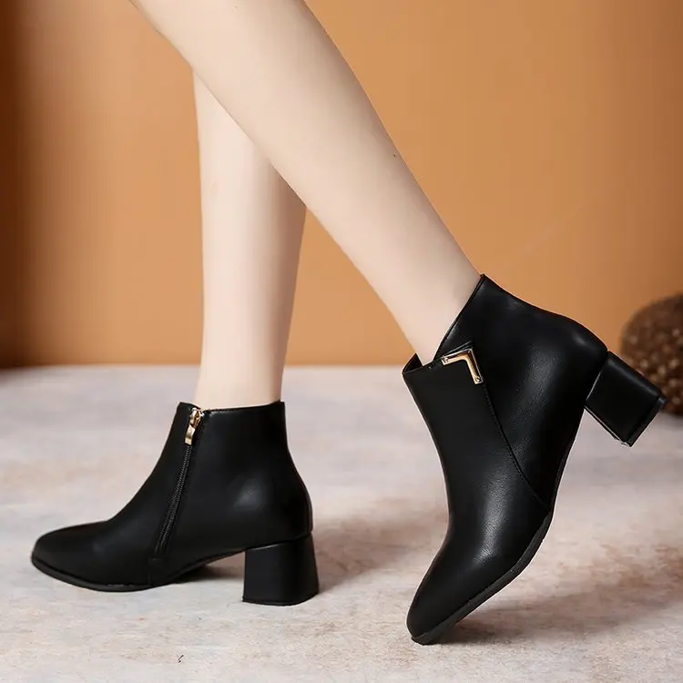 2024 Spring Non Slip  Fashion Boots Ankle Short Boots PU Leather Pointed Toe Square Heels Booties Woman Naked Boots