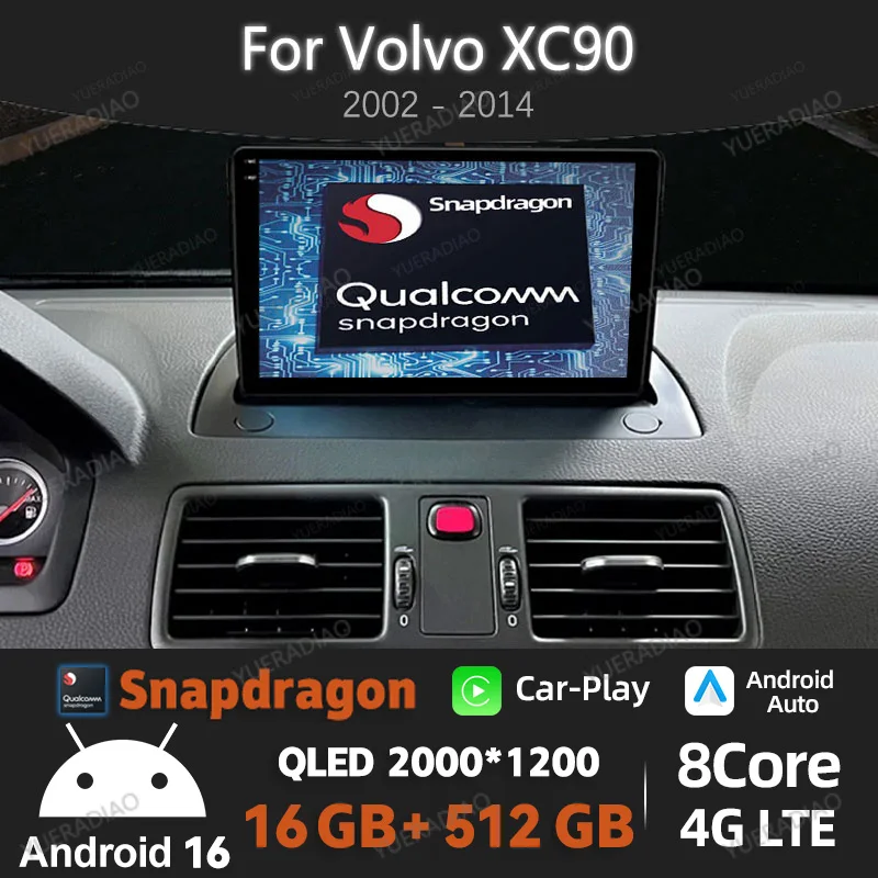 Rádio Automotivo Android 16 para Volvo XC90 XC 90 2002 2003 - 2014 QLED Qualcomm Multimídia Estéreo Reprodutor de Vídeo 4G LTE 5G WIFI 2DIN BT