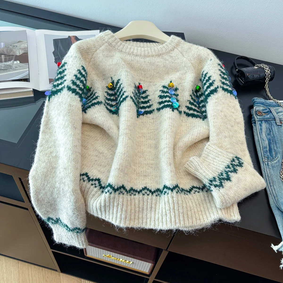 

Женский синий свитер с v-образным вырезом и блестками, верхняя одежда, винтажный джемпер 2000-х годов, вязаный кашемировый свитер с длинными рукавами, осенне-зимняя одежда 2025