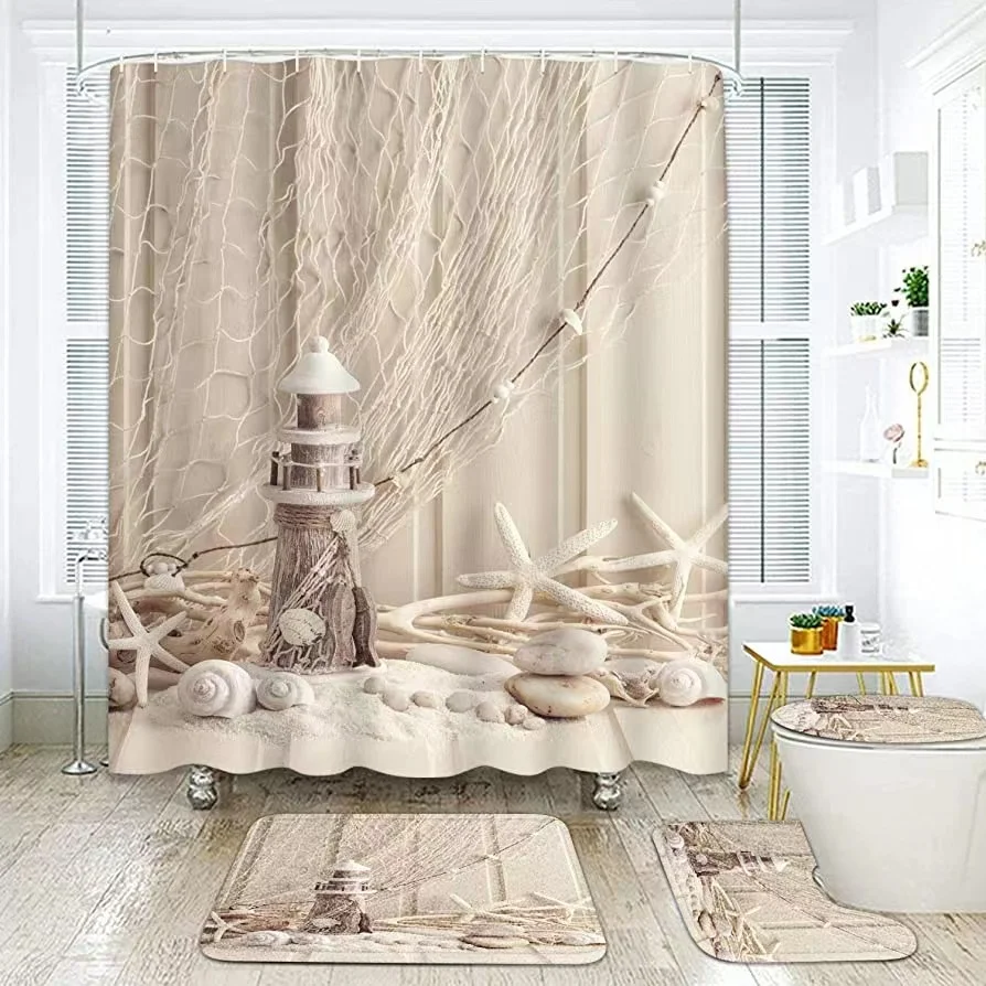 Beach Beige Fabric Shower Curtains Lighthouse Starfish with Non-Slip Rug Toilet Cover and Bath Pad Bathroom Decor Set With Hooks