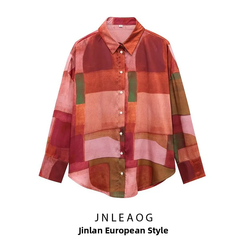 JNLEAOG Spring New Women's Sle Silk Satin Feelment Printed aphic irt Loose Fit Long Sve Polyester Fiber Resistant to...