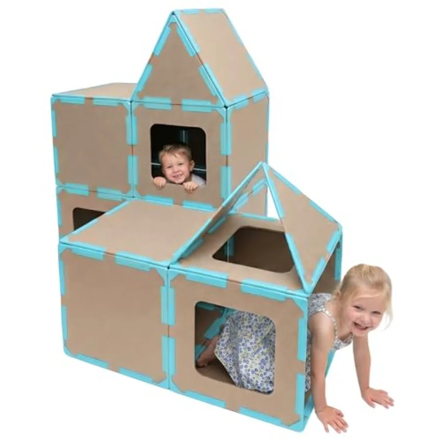 

STEM creativity building kit for kids: 20-piece magnetic fort panels in blue and red, durable ABS plastic, strong neodymium mag