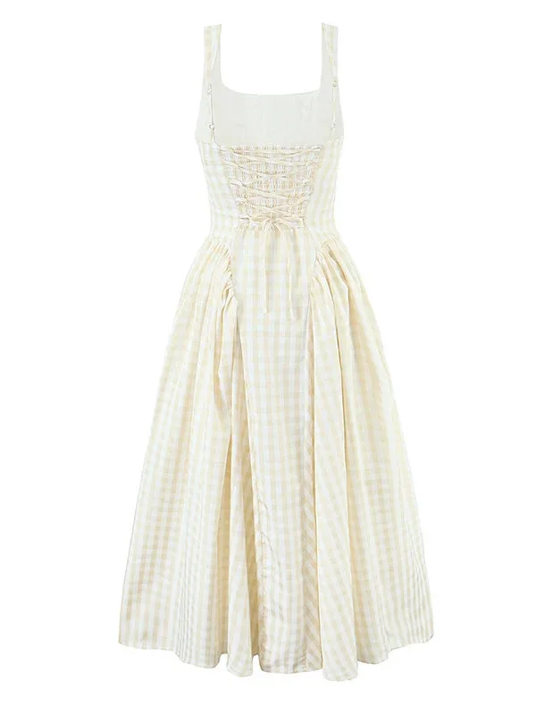 ชุดเดรสสายเดี่ยวผ้าลายสก็อตผูกเชือก ดีไซน์หรูหรา คอเหลี่ยม เอวต่ำ ทรงเอไลน์ ความยาวปานกลาง สำหรับฤดูร้อน งานปาร์ตี้วันหยุด รุ่น F374 ปี 2025