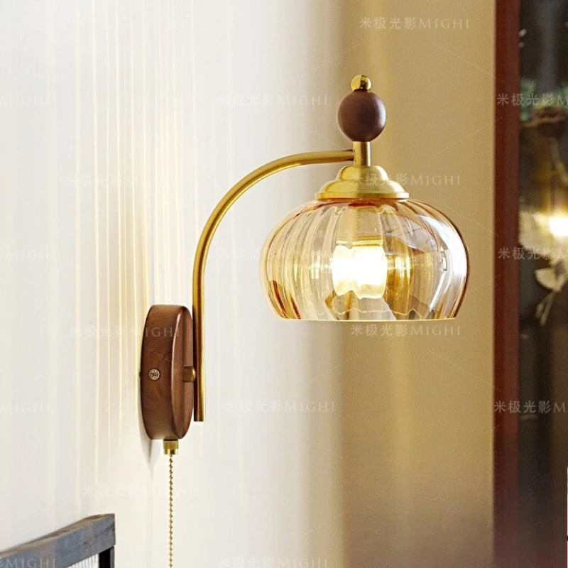 

French medieval bedroom brown persimmon wall lamp, retro light luxury walnut wood pull string ambient light in the foyer