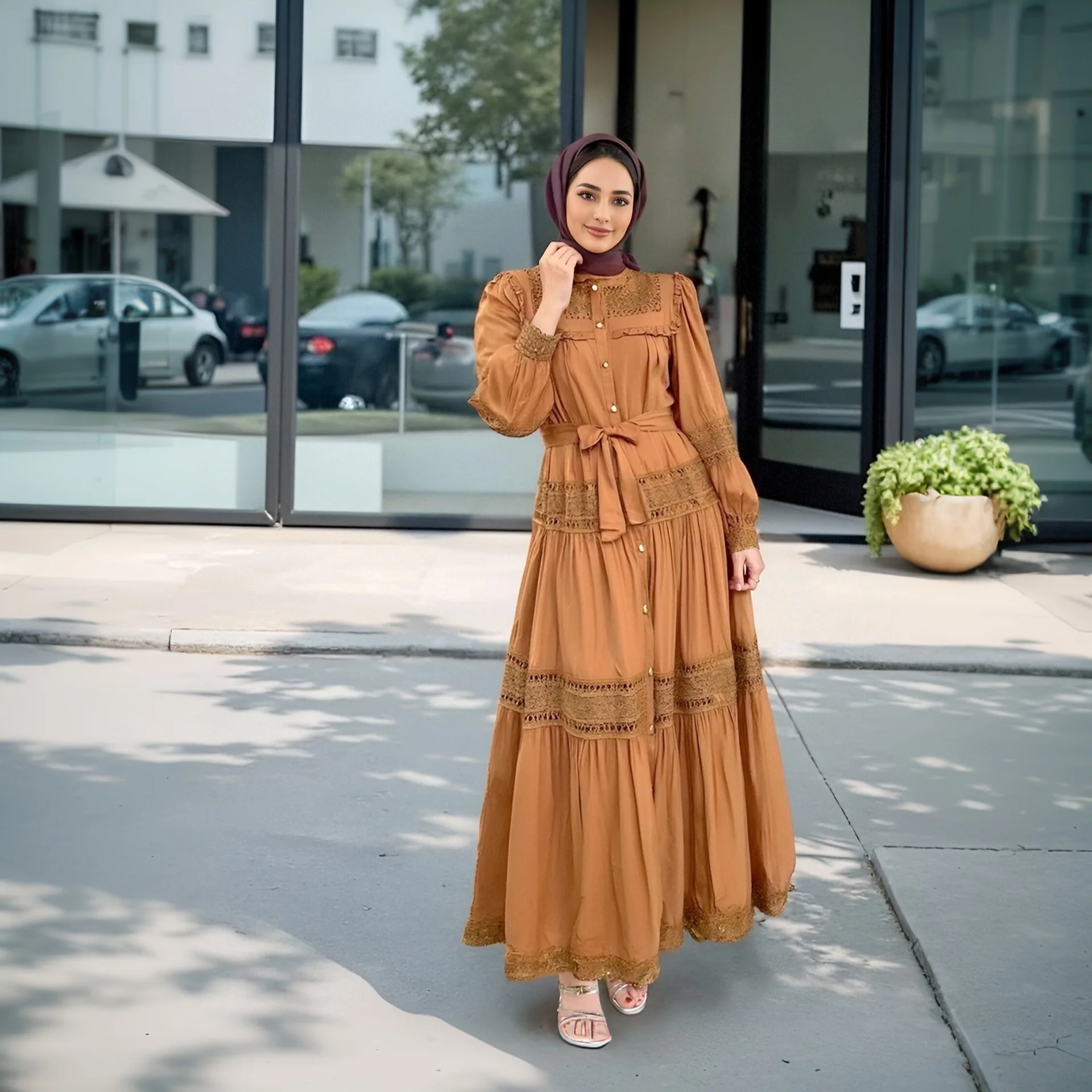 Robe longue en dentelle pour femmes musulmanes du moyen-orient, épissure creuse, volants, bord, col montant, Abaya, nouvelle collection