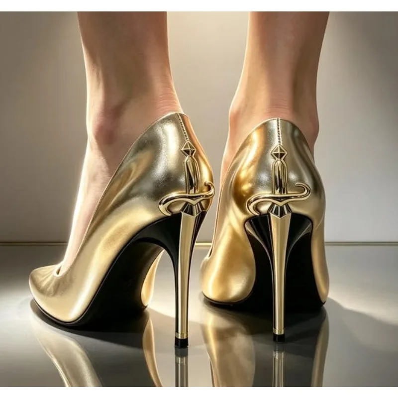 2026 New Black High Heels Pumps Women's Thin Heel Pointed Toe Metal Sword Sexy Lady Black Painted Leather Single Shoes