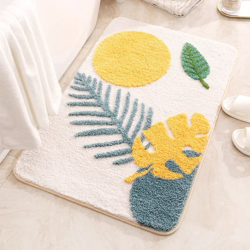 Non-Slip Bath Mat Rug Boho Plant Art Boho Abstract Leaves Bathroom Rug Absorbent Bathroom Rugs for Home Office 40x60cm 50x80cm