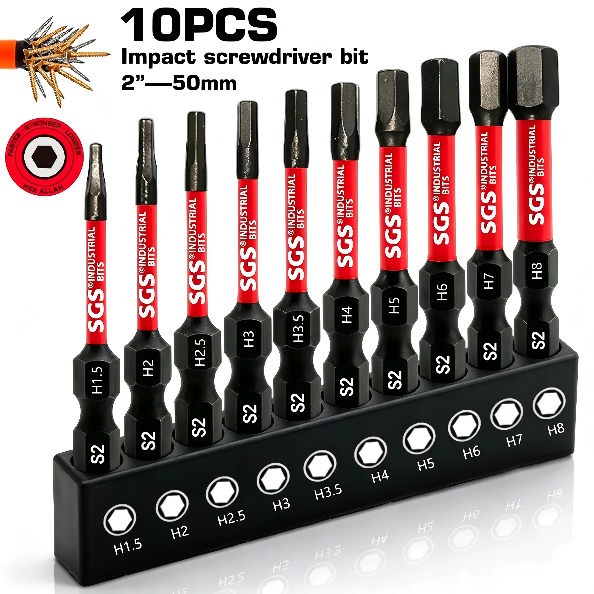 10-Piece Set of Hexagonal H1.5-H8 Magnetic Screwdriver Bits, 50mm S2 Steel, Industrial-Grade Impact-Resistant Electric Screwdriver Accessories