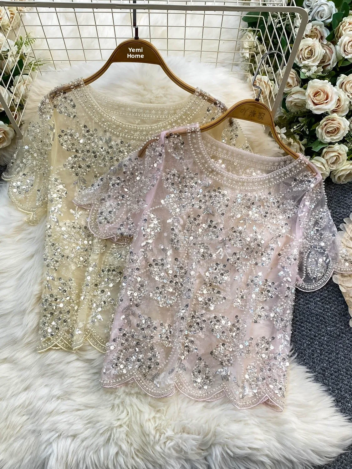 

High Quality round Neck T-Shirt Women's New Style Slimming Age-Defying Sequin Mesh Top Luxury Heavy-Duty Bead Glitter Tank Top