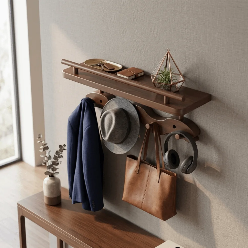 Solid Wood Coat Hook Rack Heavy-Duty No Drill Hanging Clothes Hanger Neat And Tidy Space-Saving Hat Robe Organizer Hallway