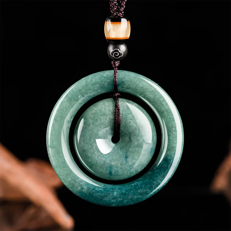 

Blue Myanmar Jadeite Donut Pendant Necklace Carved Designer Amulet Fashion Talismans Natural Burmese Jade Gifts for Women