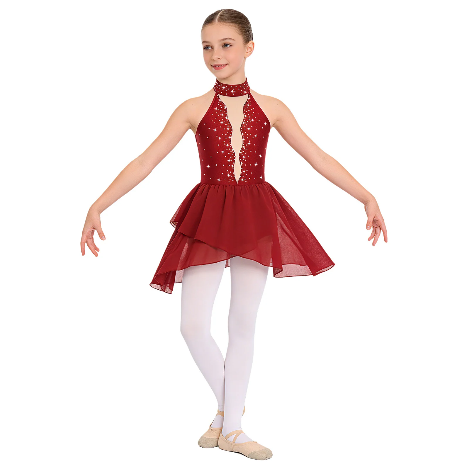 

Girls Competition Ballet Dance Dress Mock Neck Sleeveless Irregular Hem Mesh Patchwork Dress And Gloves Ballet Latin Dancewear