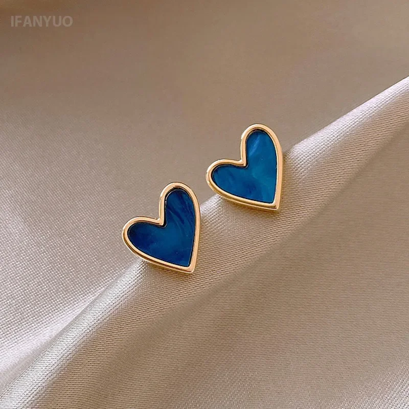 New Simple Blue Heart Shape Stud Earrings for Women Exquisite 925 Silver Needle Ear Jewelry Valentine's Day Gifts Alloy Earring