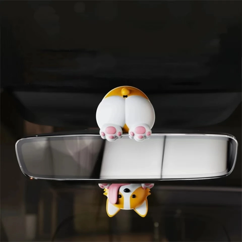 Cute Funny Cartoon Car Ornaments Rearview Mirror Wagging Dog Shaking Head Oscillating Stickers Auto Decoraction Accessories