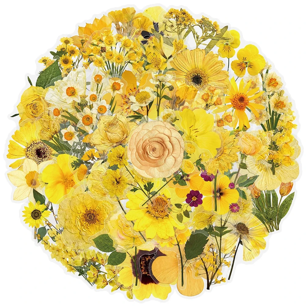 10/30/50pcs Transparent Yellow Embossed Floral Stickers Aesthetic Plant Flowers Decals DIY Skateboard Phone Guitar Sticker Decor