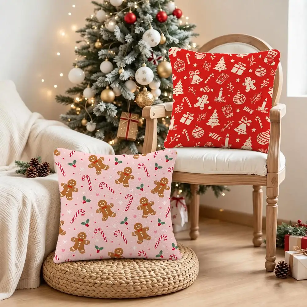 istmas Gingerbread Man Candy Cane Scatter  Cushion Cover Short Plush Pillowcase, Sofa Bedroom Home Decor, Ideal Holiday Gift
