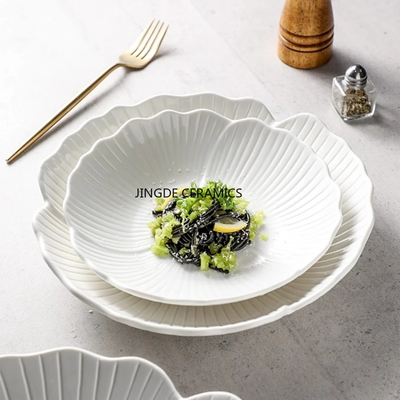 1pc Ceramic Pure White Plate, Ginkgo Design Plate, Fruit Bowls and Vegetable Dishes, Western Style White Kitchen Utensils