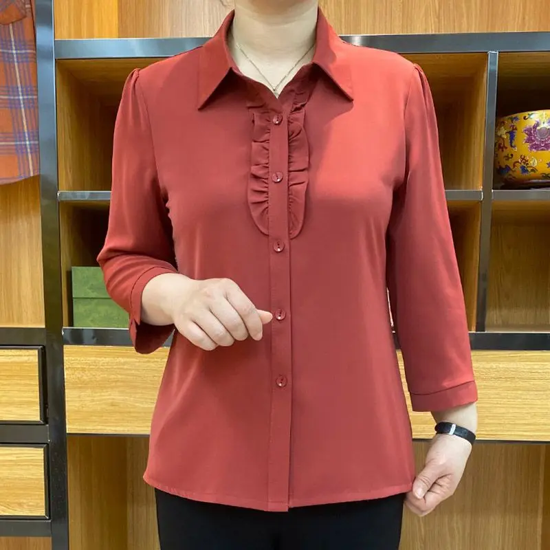 Office Lady Stylish Folds Spliced Shirt 2023 Spring Autumn All-match Solid Color Commute Single-breasted Female Polo-Neck Blouse