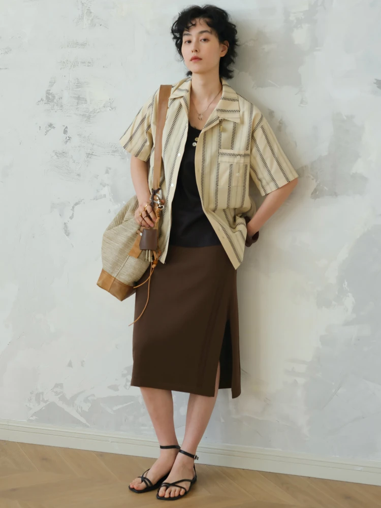 

High Waist Asymmetrical High Rise Straight Leg Long Skirt with Slit Simple Design Lengthening Proportions Apparent