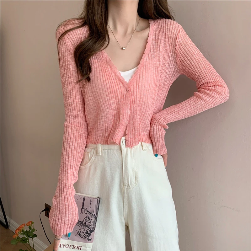 Sheer Ribbed Knit Cardigan with One Button Long Sleeve Crop Top Women Teen-girl Spring Summer Fairycore Outfit