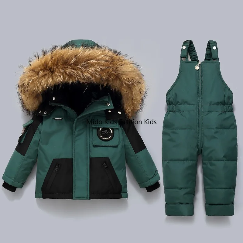 2025 Winter Children's Down Jacket Thermal Set Baby Thickened Bib Trousers Boys' and Girls' Winter Clothing Two-Piece Set