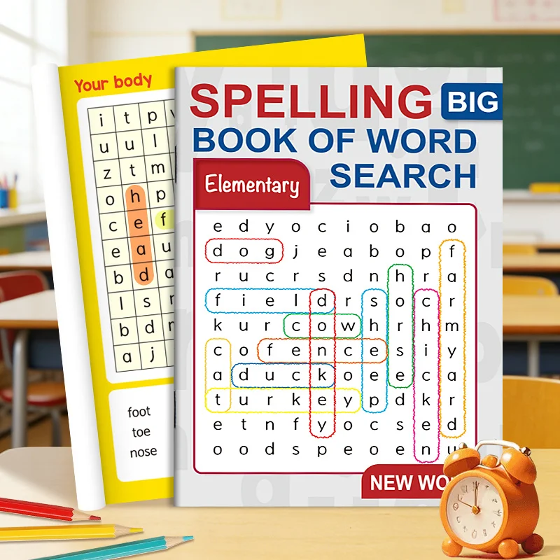 

Книга-головоломка на 32 страницах: поиск скрытых английских слов для детей, игра на правописание и поиск слов.