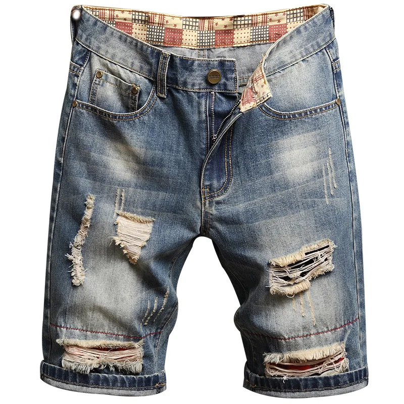 2024 Denim Shorts Men's Summer Fashion Brand Ripped Cool Beggar Loose Straight Trend plus Size Fifth Pants