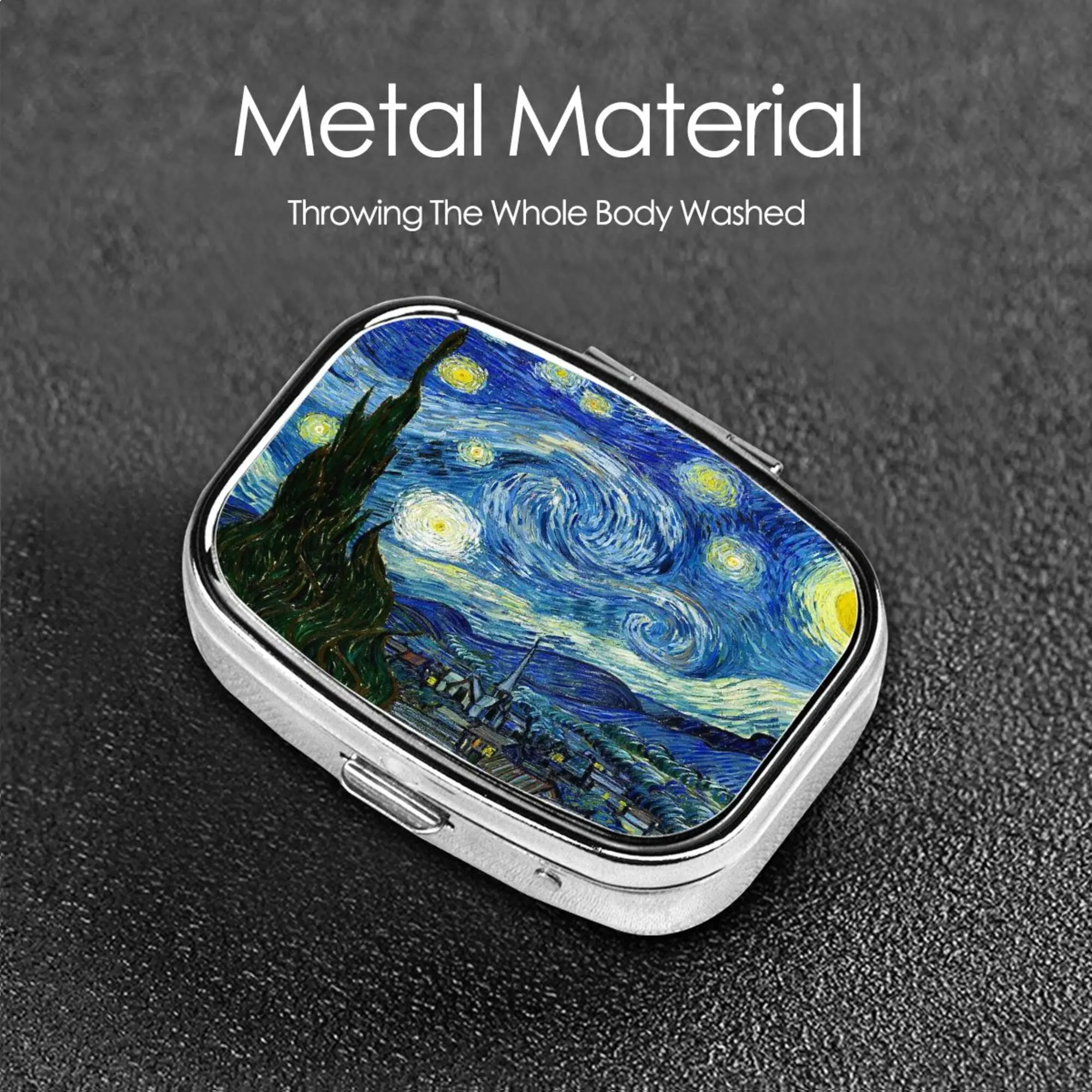 Van Gogh Starry Night Pill Box 2 Compartment Medicine Pill Case Portable Metal Medicine Vitamin Organizer Decorative