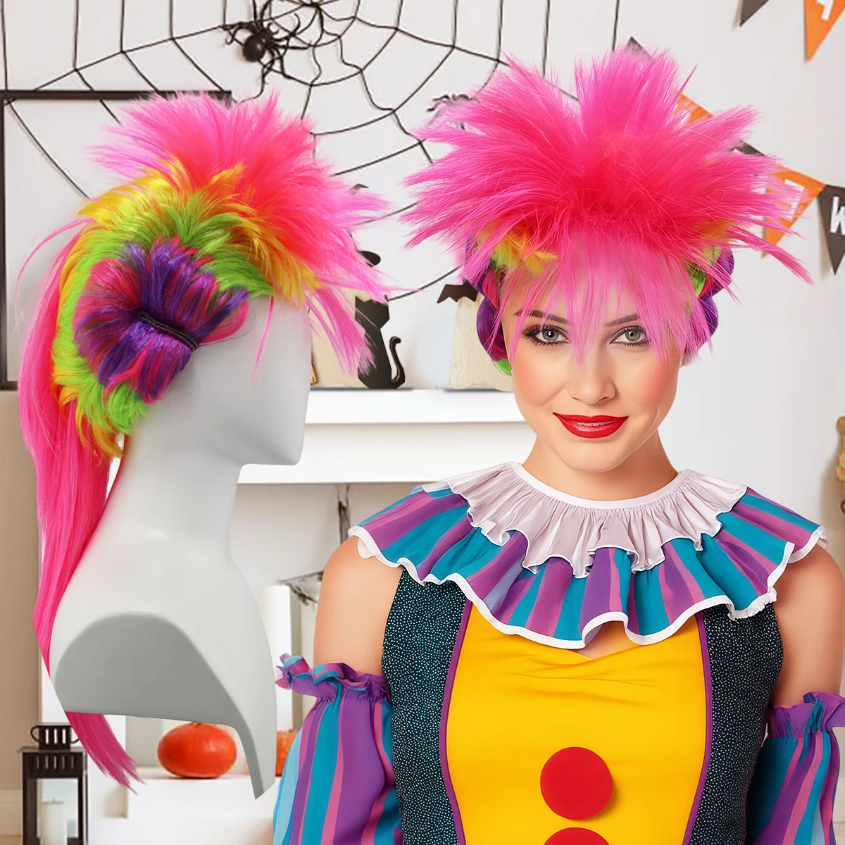 Neon Rainbow Spiky Ponytail Wig with Colorful Buns, Vibrant Synthetic Hair for 80s Punk, Rave and Halloween Costumes