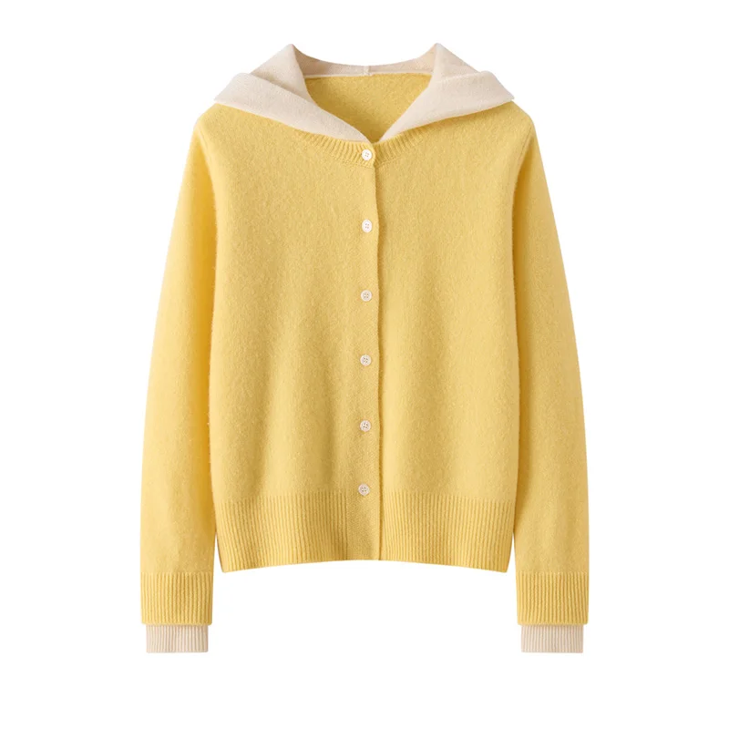 Women's 100% Pure Cashmere Hooded Cardigan Color Block Knitted Sweater Versatile Fake Two-Piece Top Coat Fashion