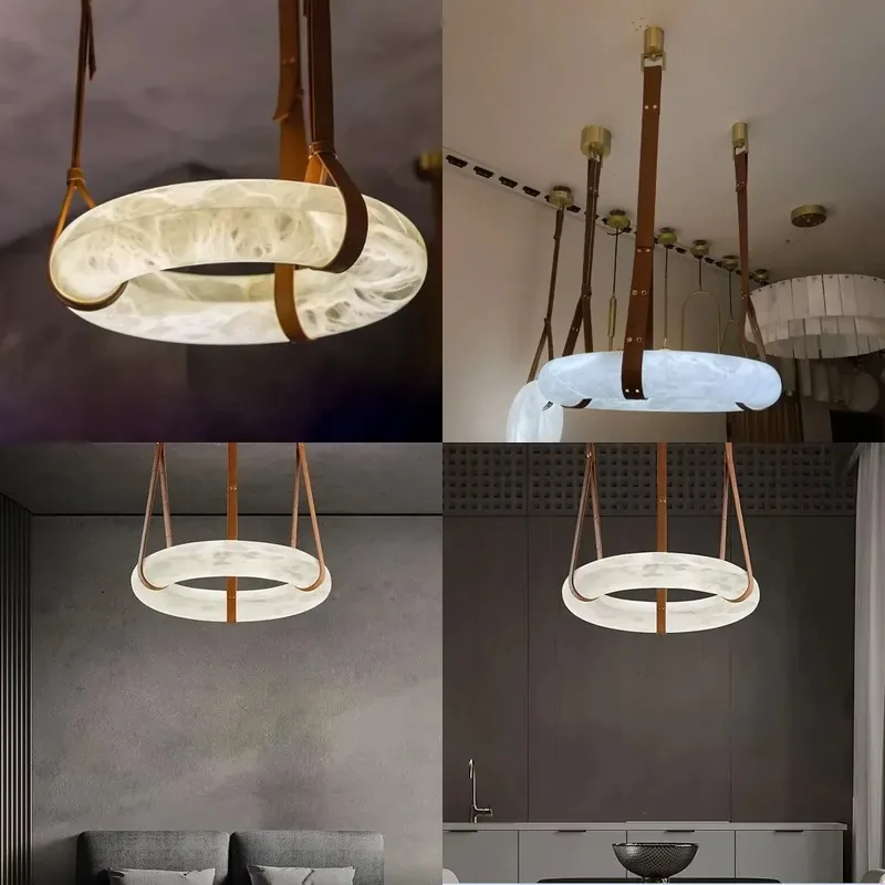 Postmodern Neoclassical Minimalist Round Marble Chandelier for Dining Room Living Room Bedroom Lightweight Luxury Art