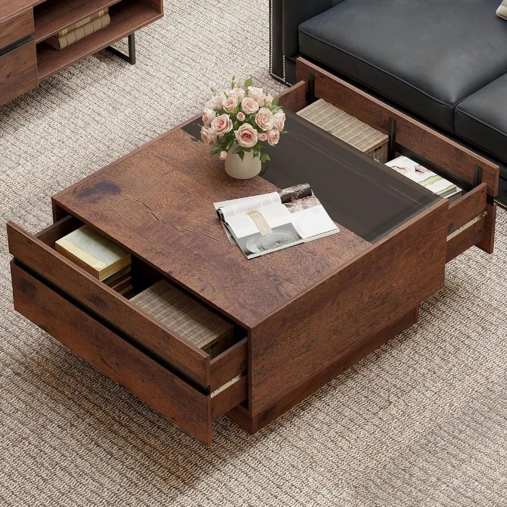 Coffee Table, Modern Coffee Table, Square Living Room Coffee Table with Tempered Glass Top and Two Large Storage Drawers