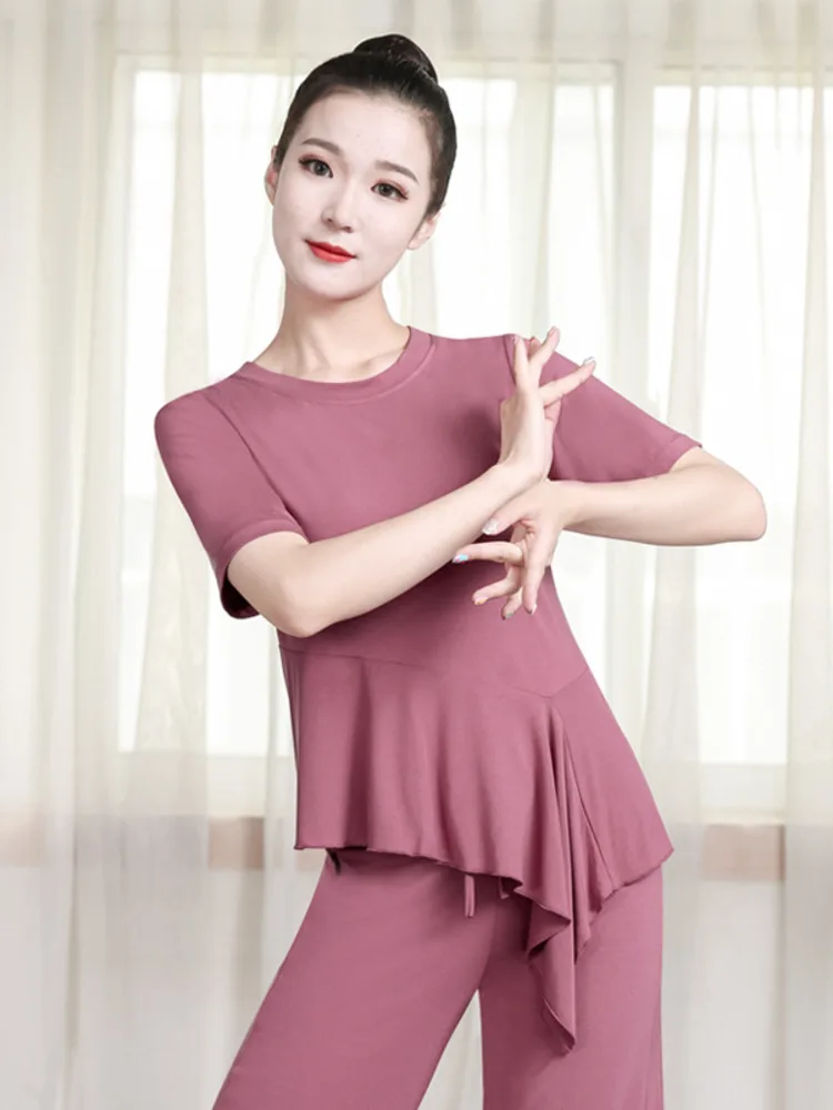 Round Neck Latin Dance Practice Tops Belly Wear Costume Classical Ruffle Competition For Prom Women Waltz Jazz Stage T-shirt