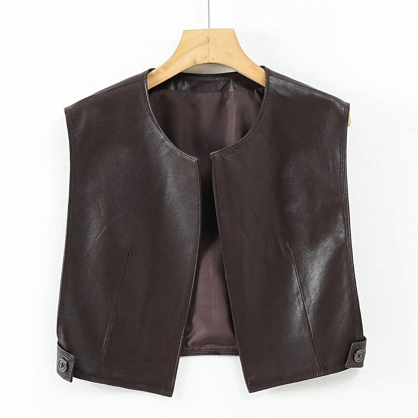 Fashionable Short Leather Vest Women's Outerwear 2025 Autumn New Style Versatile Slimming Top Matching with round Neck Design