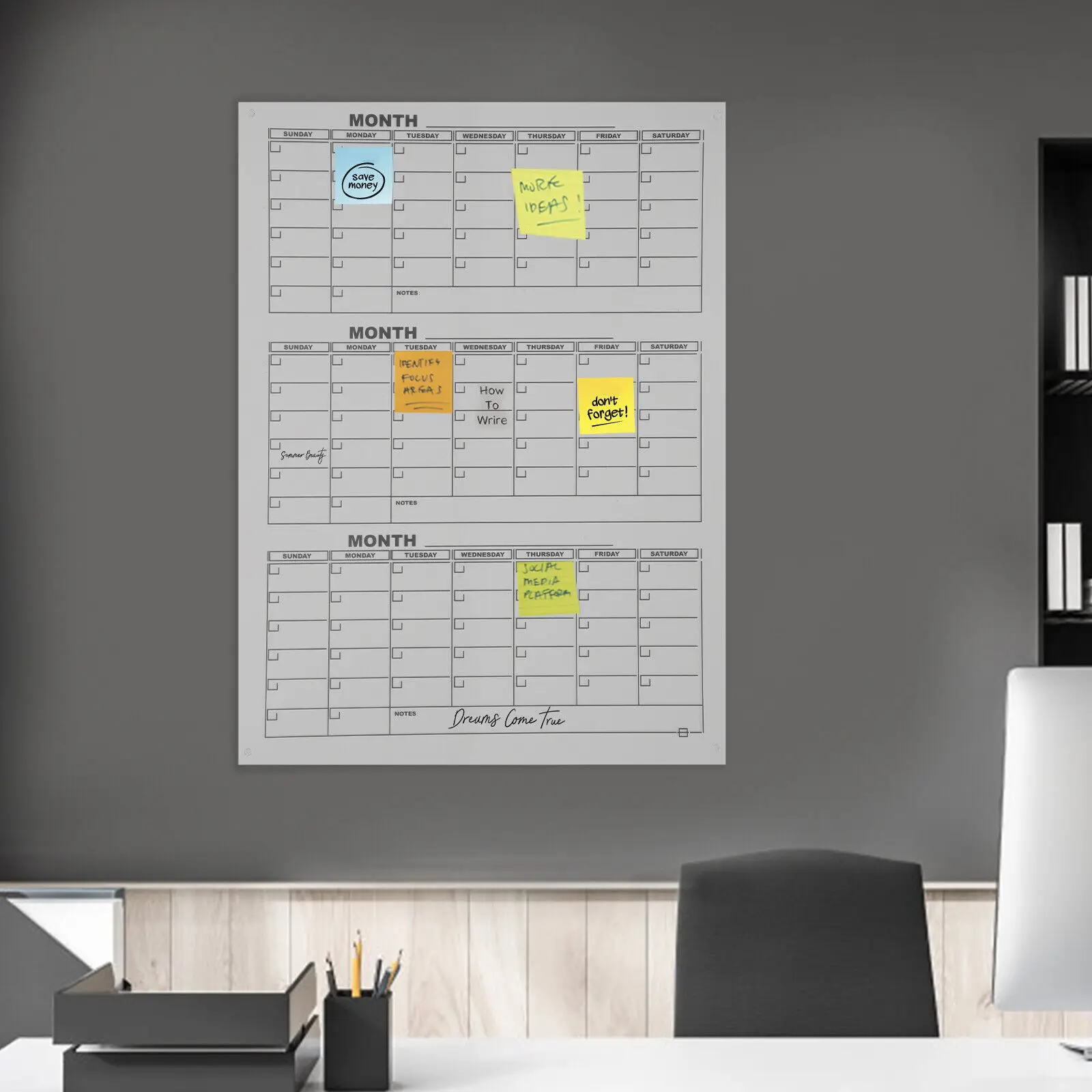 Dry-Erase Monthly Calendar, Large Size, Sturdy, Modern, For School, Lab, Organize To-Do Lists, For Home, Office, Plan Schedules