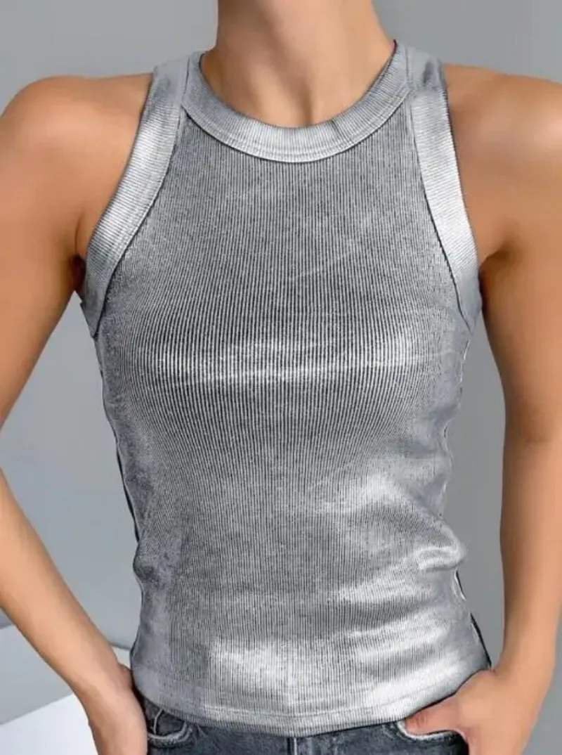 

2025 Fashionable Comfortable Knitted Pit Strip Summer Versatile Round Neck Strap Small Tank Top Casual Solid Color Top for Women