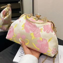 Fashion Women Hasp Flower Printed Shell Clip Ladies Evening Clutch Chain Messenger Bags Crystal Canvas Card Handbags And Purse